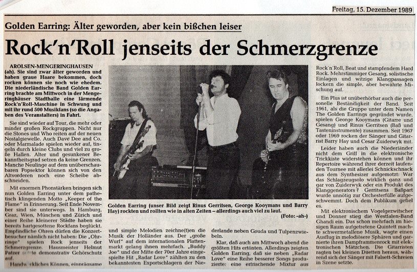 Golden Earring Arolsen (Germany) show review December 13 1989